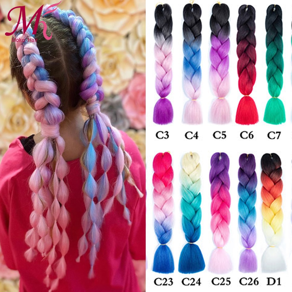 Moko Long Ombre Jumbo Synthetic Braiding Hair Braid Kanekalon Hair Extensions Rainbow Pink Blonde Purple Crochet Braid Hair